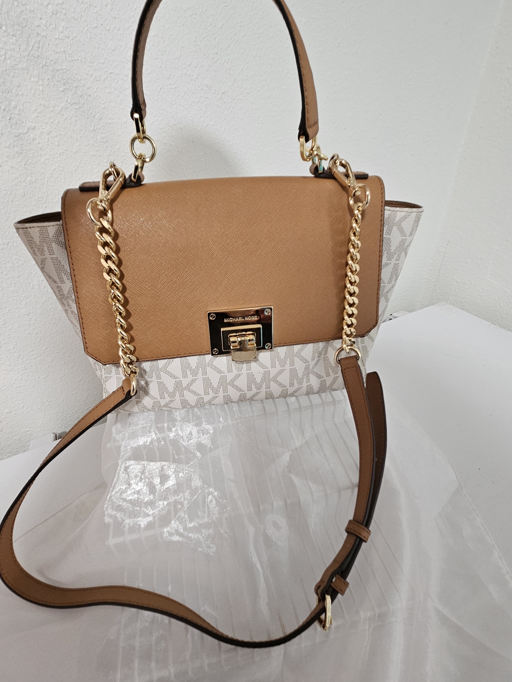 Michael Kors Tan & Cream Logo Satchel with Gold Chain Detail